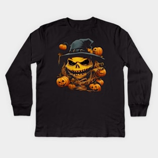 halloween scary evil pumpkin funny pumpkin head Kids Long Sleeve T-Shirt